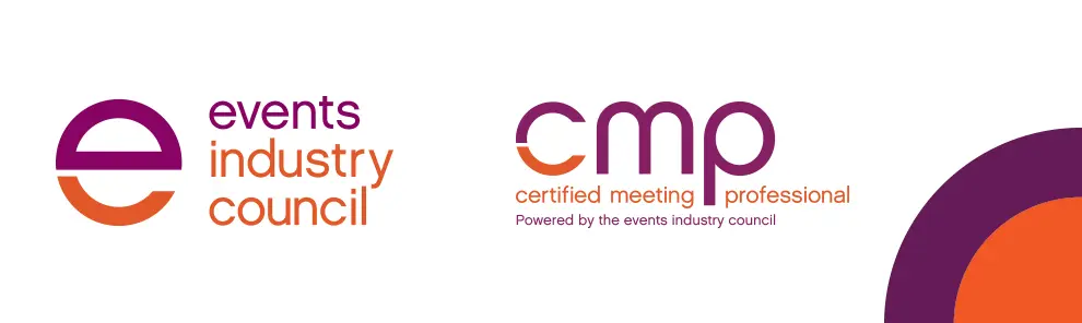 A logo for the certified meeting planner and an image of a person.